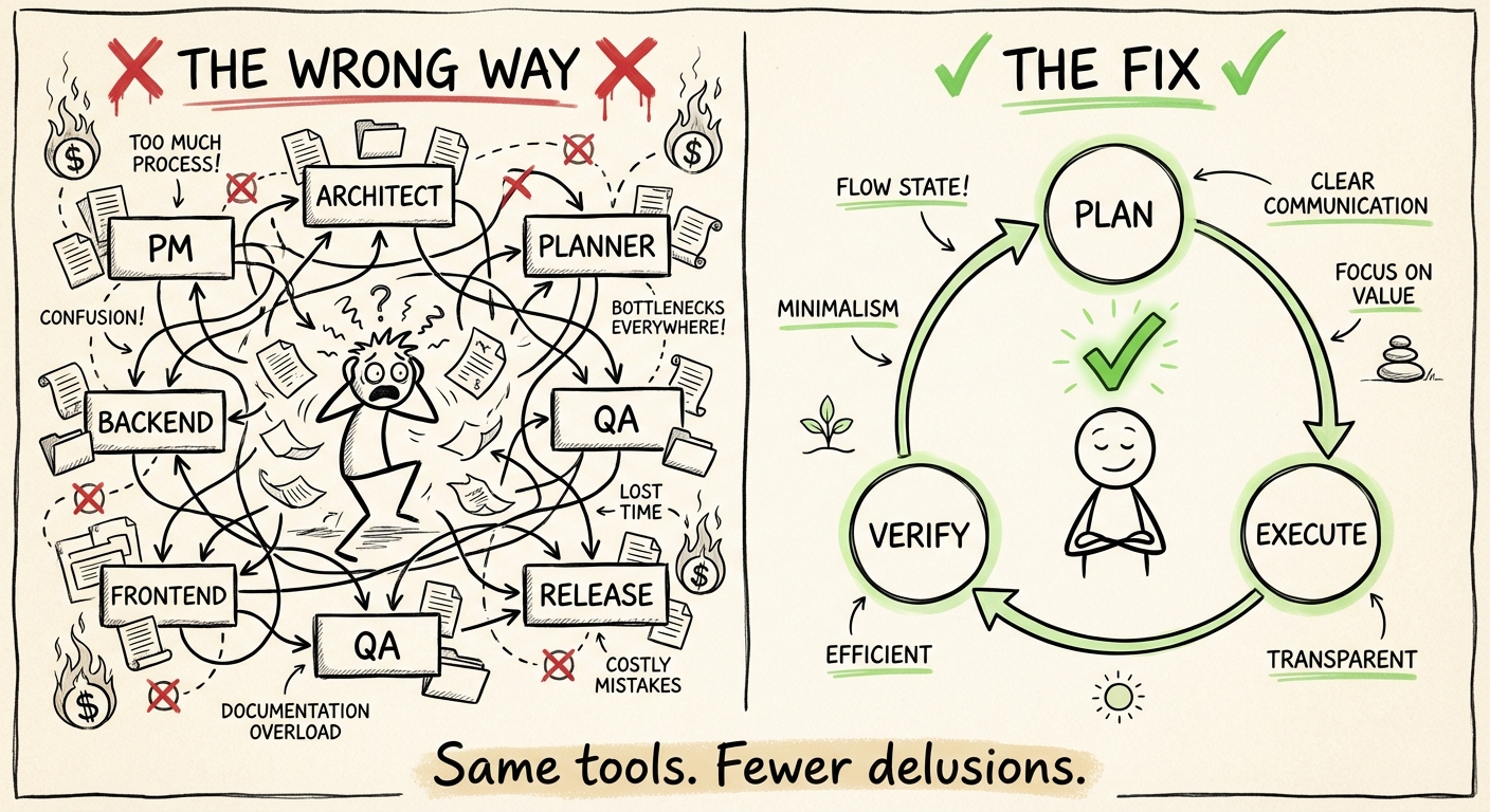 The Wrong Way vs The Fix - A sketchnote comparison of bloated AI workflow versus simple Plan-Execute-Verify loop