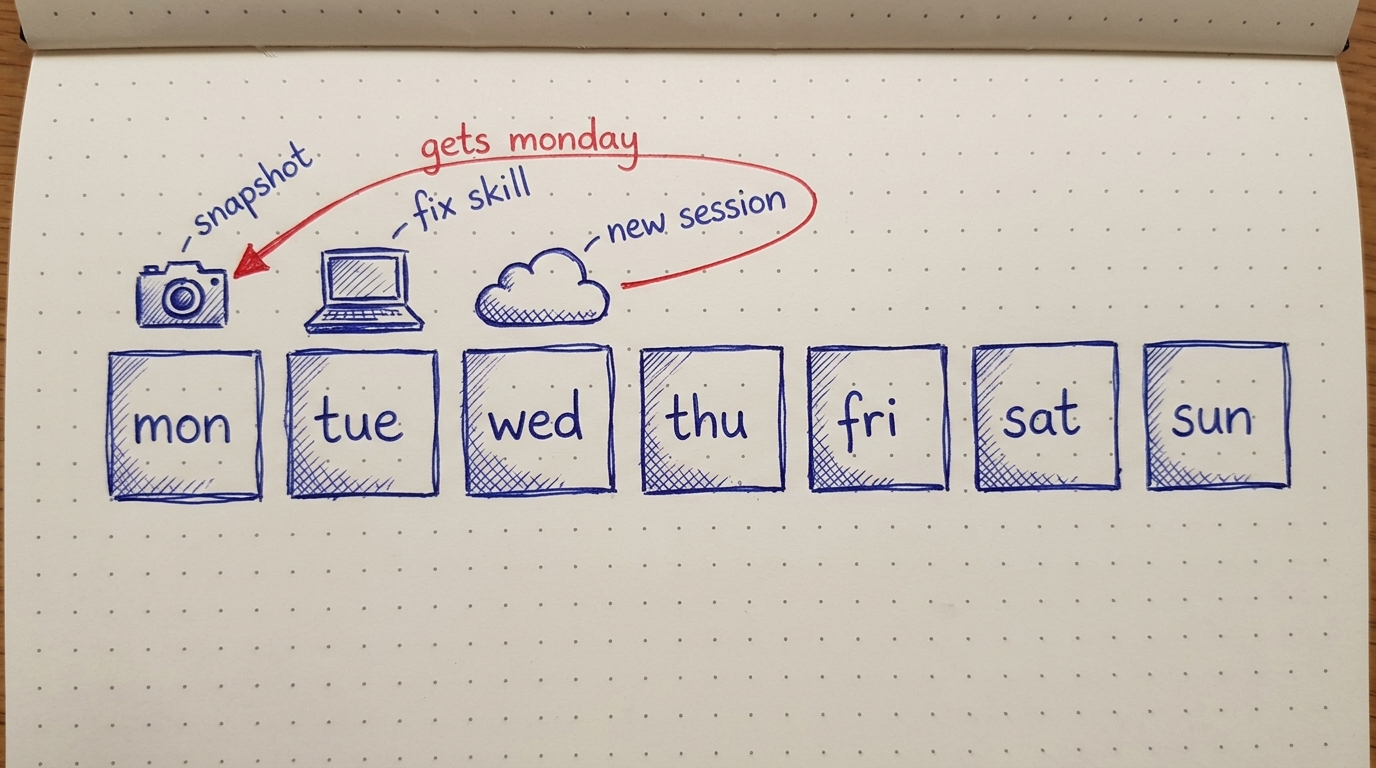 Ballpoint sketch of a week strip from mon to sun. A camera over Monday marks the snapshot, a laptop over Tuesday marks fix skill, and a cloud over Wednesday marks new session, with a red arrow from the cloud back to Monday labelled gets monday.