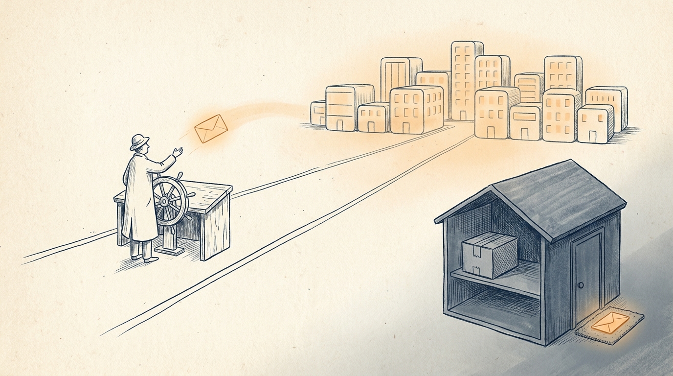 A lone figure in a long coat stands at an open control desk with one hand on a ship's wheel, releasing a glowing amber 'update' envelope. An open road, with no gate and no padlock, carries it to a city of stylised building tiles all lit warm from within - live and current. Off to the right, set apart and dimmer, a small house holds a closed cardboard box on a shelf, and an identical amber envelope lies unopened on its doormat, undelivered.