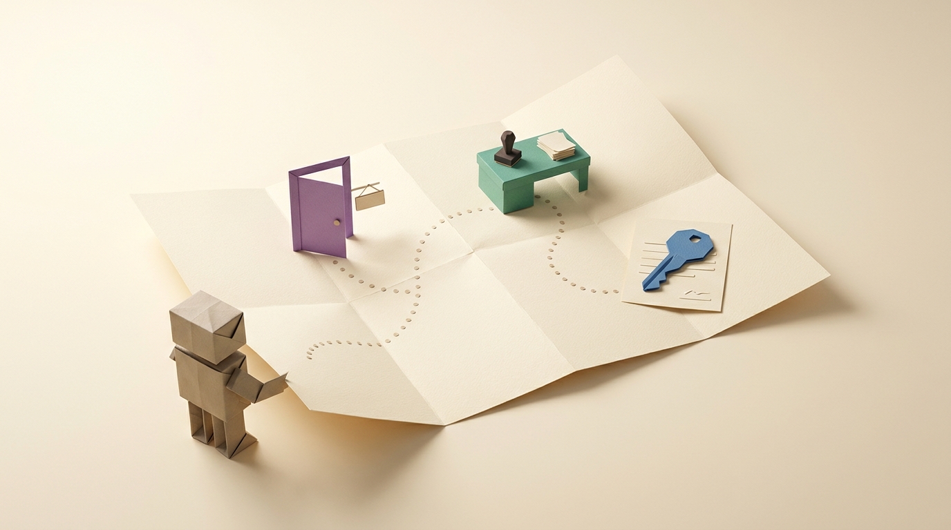 An origami paper robot unfolds a large creased paper map whose dotted route passes through three folded-paper stations: a purple door with a sign, a teal desk with a rubber stamp, and a blue key resting on a consent card.