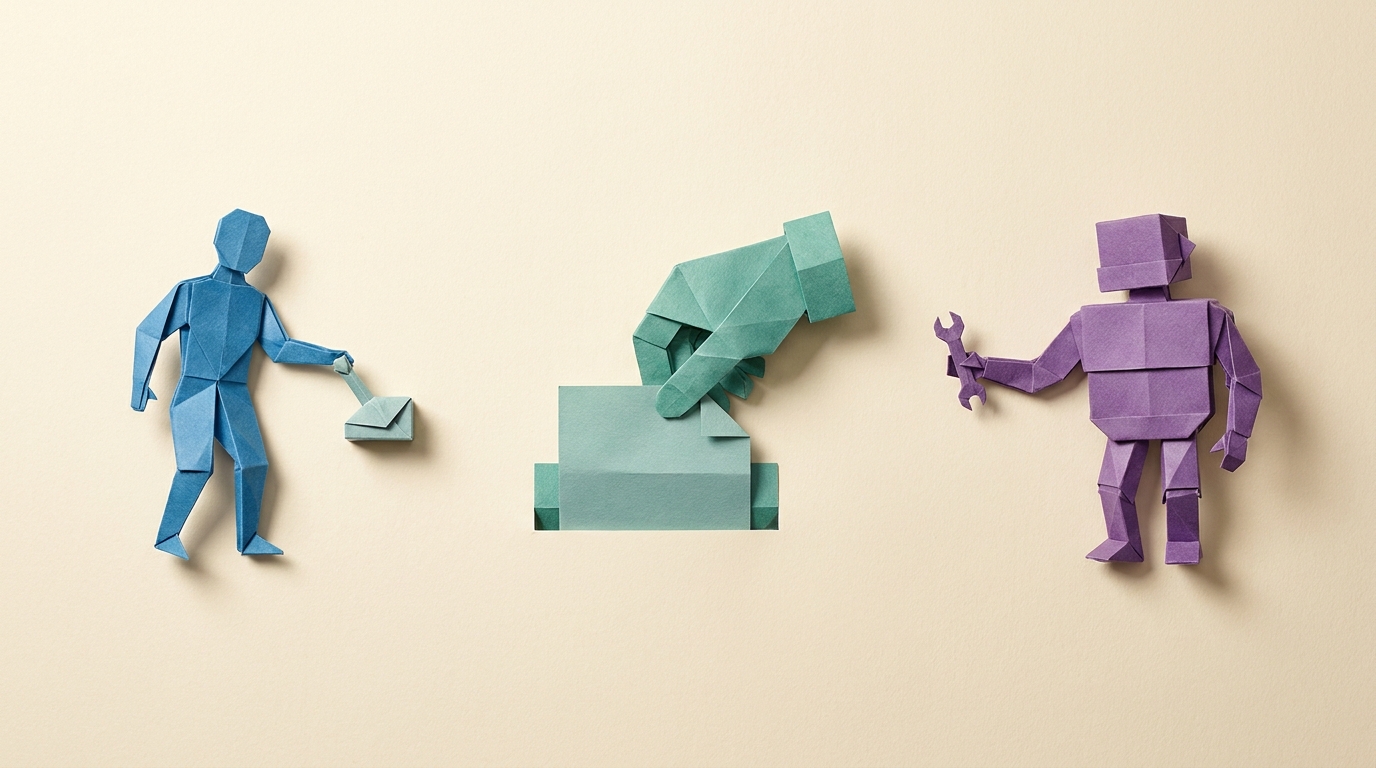 Three origami paper figures showing who pulls the trigger on each MCP primitive: a blue paper human firing a Prompt, a green paper hand pulling out a document as a Resource, and a purple paper robot holding a Tool.