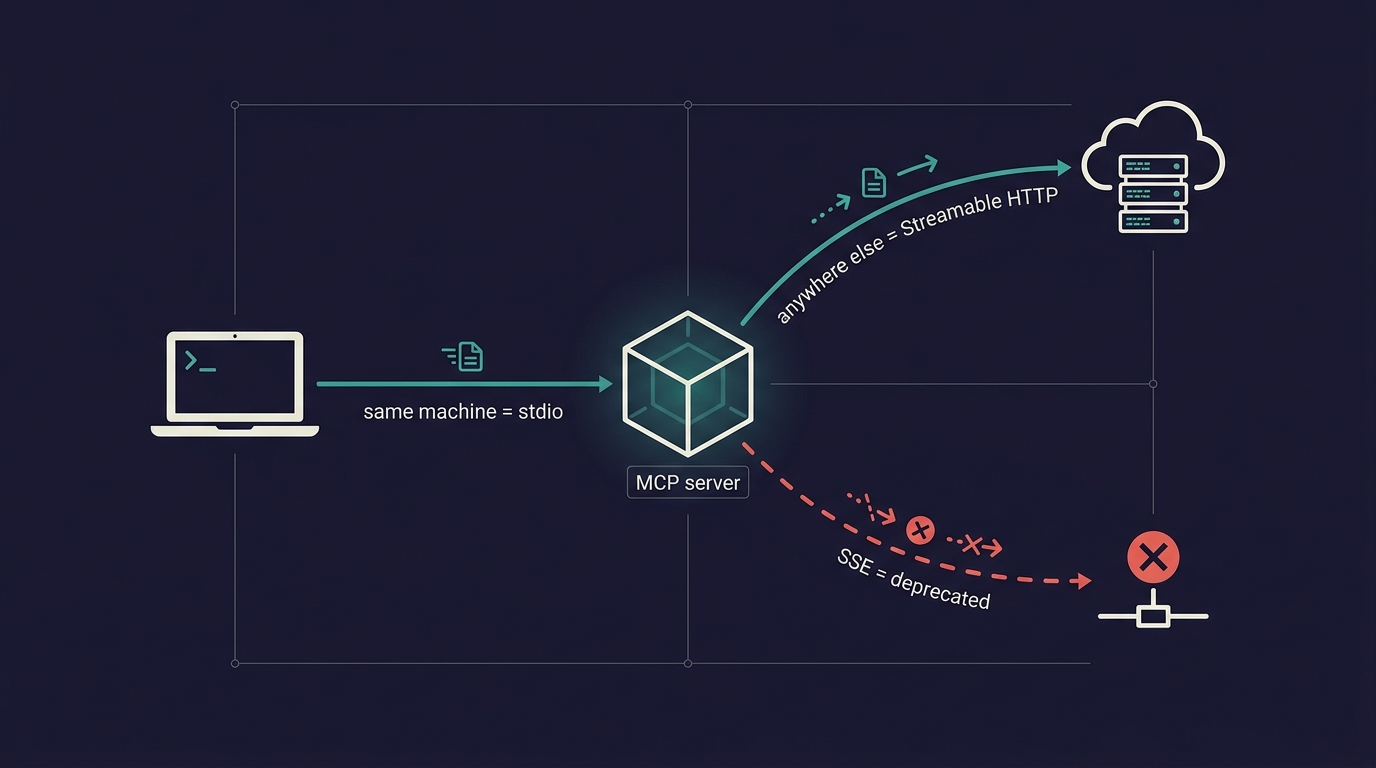 A decision diagram. A central 'MCP server' node has three routes leaving it: a teal line to a laptop labelled 'same machine = stdio', a teal arc up to a cloud and servers labelled 'anywhere else = Streamable HTTP', and a broken coral-red dashed line to a crossed-out node labelled 'SSE = deprecated'.