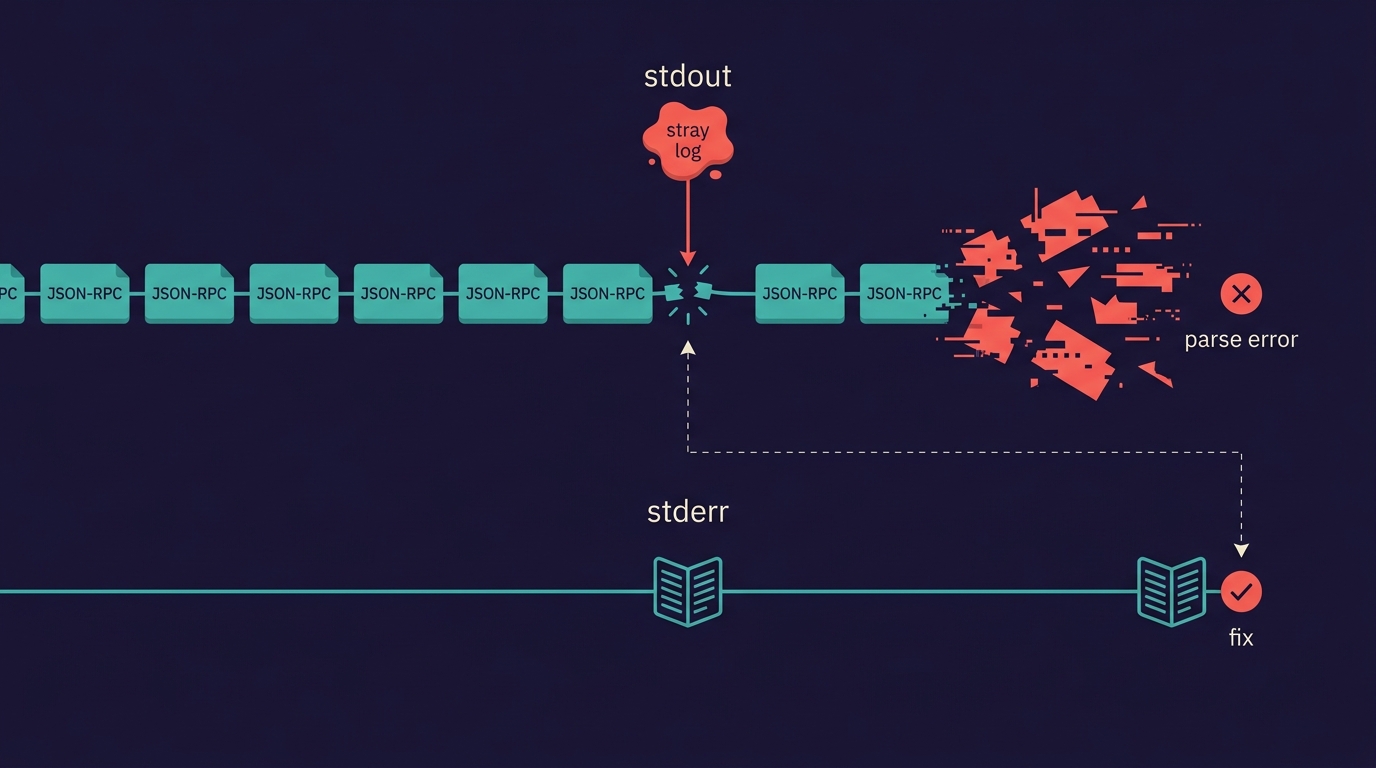 An infographic. A wire labelled 'stdout' carries a row of teal 'JSON-RPC' packets until a coral 'stray log' blob drops onto it and shatters the line into red glitch fragments beside a 'parse error' marker. A separate teal 'stderr' wire below carries a log safely away, marked 'fix'.