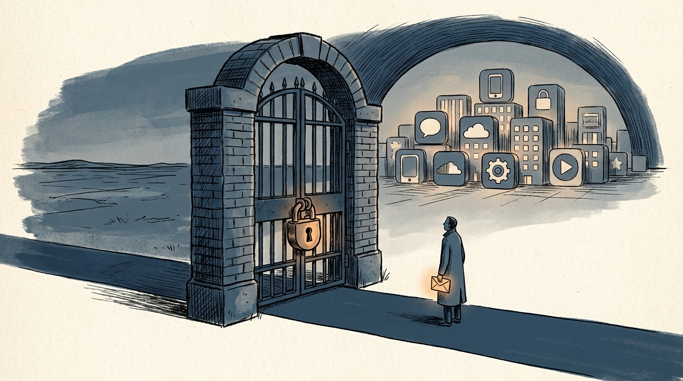 A small figure stands inside an iron-and-brick archway, holding a glowing 'update' envelope. The gate in front is closed with a heavy padlock. Through the archway, a city of stylised app-icon tiles.