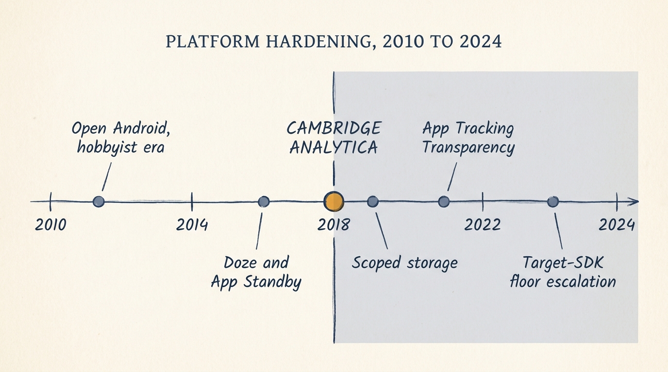 A horizontal timeline 2010 to 2024 with the title 'Platform hardening, 2010 to 2024'. Six events plotted, labels alternating above and below the line: Open Android, hobbyist era (2011); Doze and App Standby (2016); CAMBRIDGE ANALYTICA (2018, drawn as the amber pivot marker with a vertical guideline crossing the timeline); Scoped storage (2019); App Tracking Transparency (2021); Target-SDK floor escalation (2023). The right half post-2018 has a gray background tint suggesting the platform-hardening era.