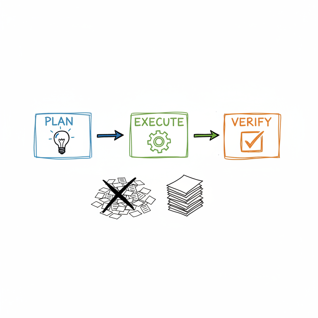 Plan-Execute-Verify workflow: three connected boxes showing the flow from Plan to Execute to Verify, with a crossed-out pile of 13 documents next to a neat stack of 4